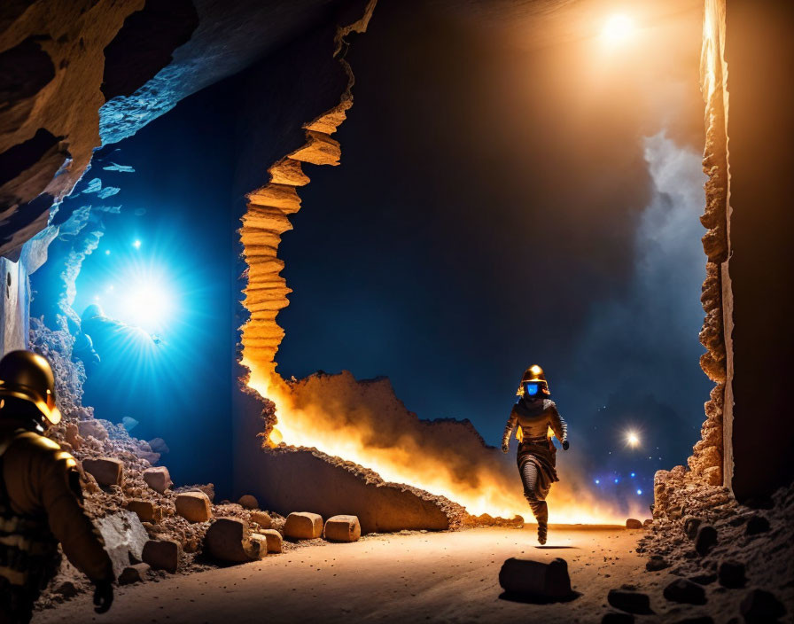 Astronaut exploring cave with uneven walls and orange lighting, another figure present, sparks visible