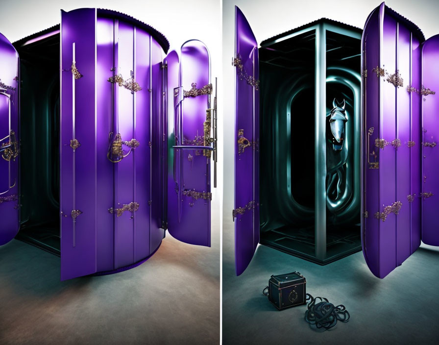 Split image: Purple wardrobe with ornate locks and futuristic suit and helmet interior.