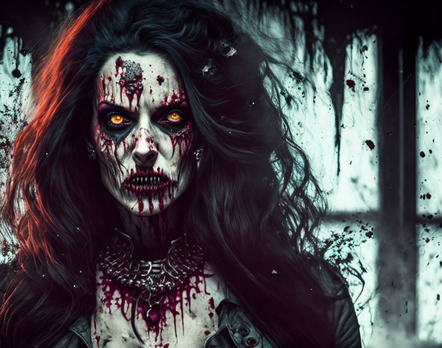 Horror-inspired zombie makeup with yellow eyes and messy hair