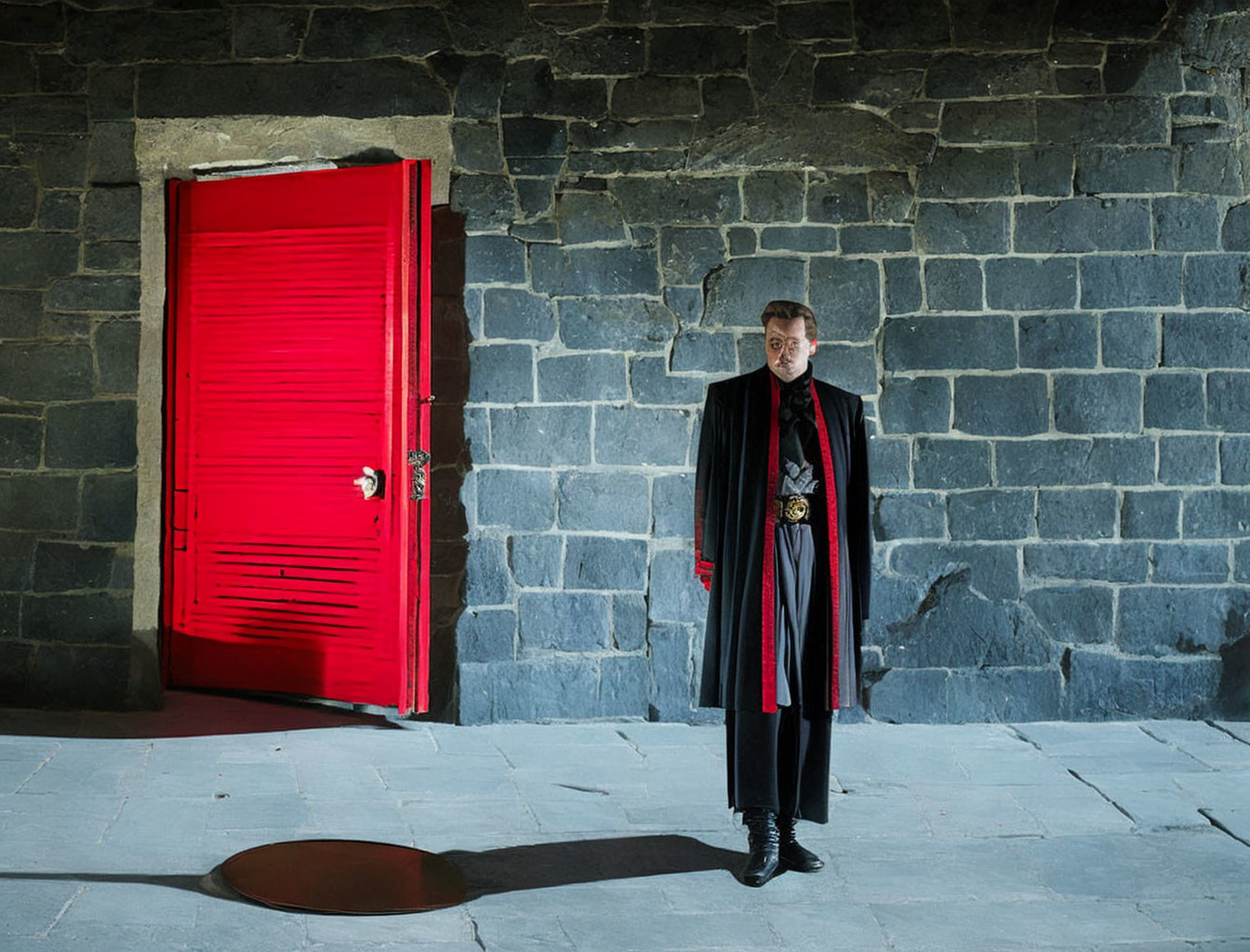 Man in black and red costume near vibrant red door in gray stone wall