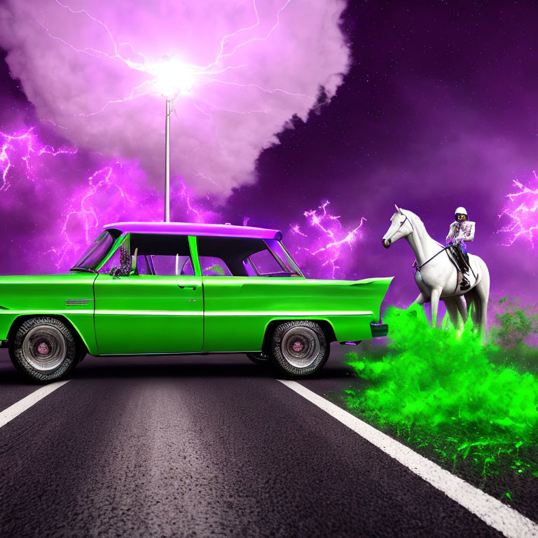 Vintage Green Car Parked with Neon Green Smoke, White Horse, and Purple Lightning Sky