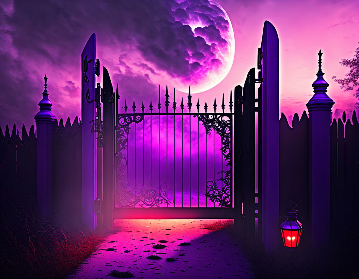 Ornate gate leading to purple pathway under moonscape