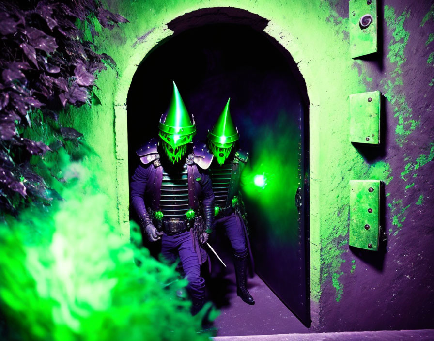 Futuristic armored figures in spiked helmets at green-lit doorway