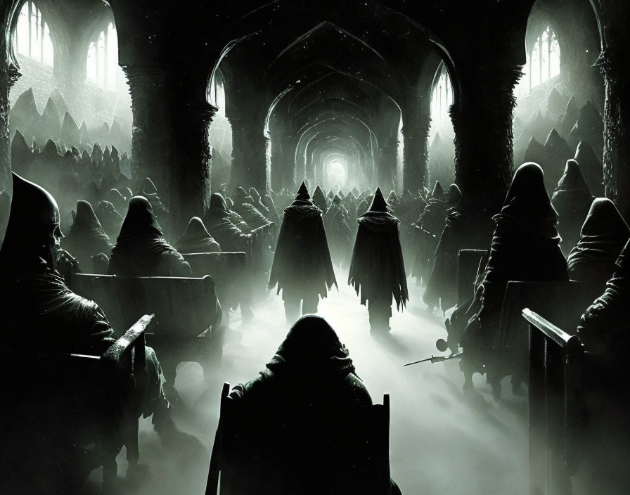 Monochrome somber assembly in gothic hall with cloaked figures