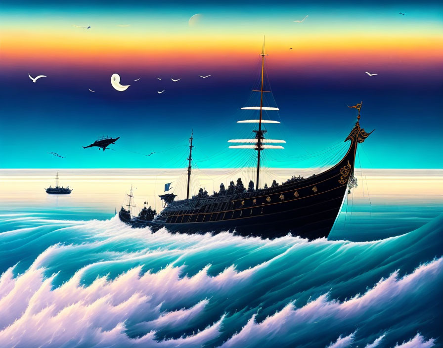 Colorful sailing ships on vibrant sea under twilight sky with birds and hot air balloon.