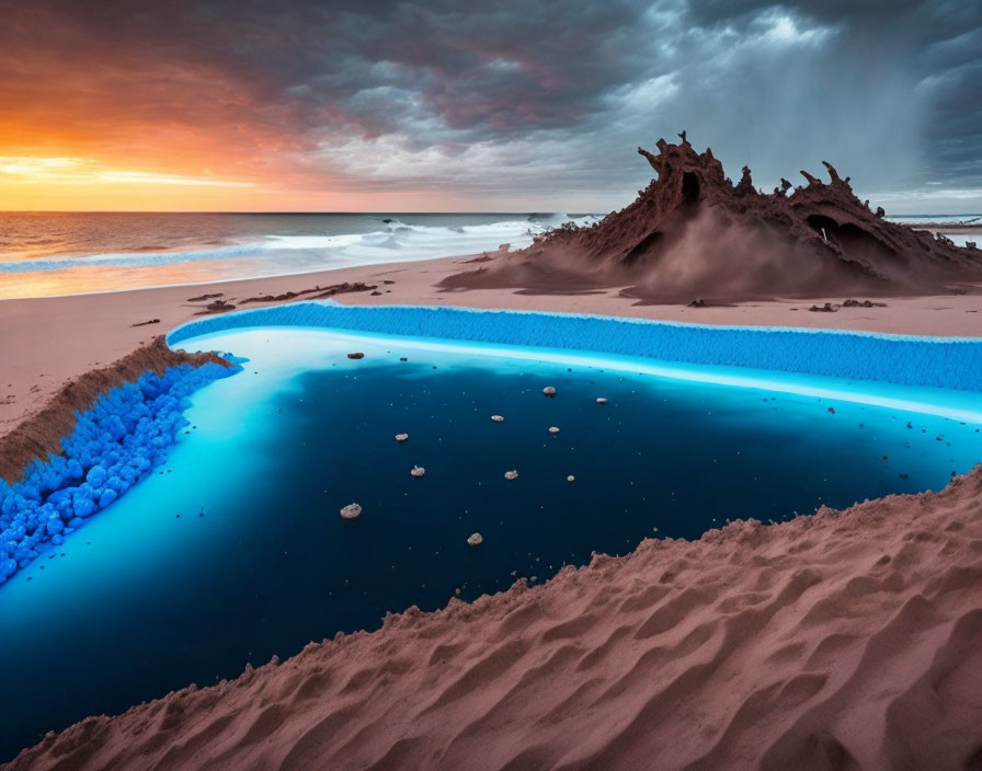 Vibrant sunset over dramatic beachscape with glowing blue water