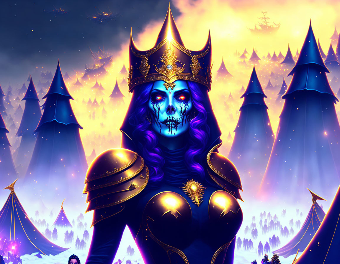 Regal figure with skull face in golden crown and armor against mystical purple sky.