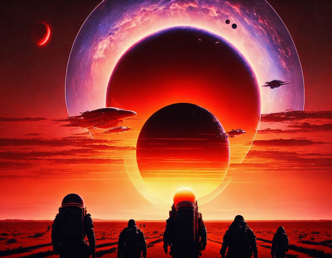 Group in Surreal Landscape with Giant Planet, Sun, Spaceships, Red Sky, Moons