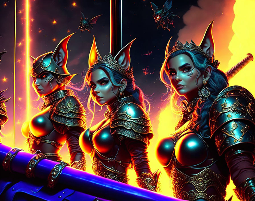 Stylized fantasy warrior women in ornate armor with cosmic backdrop