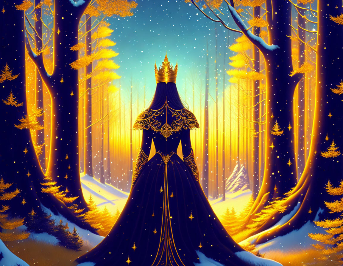 Regal figure in black gown and golden crown in mystical starlit forest