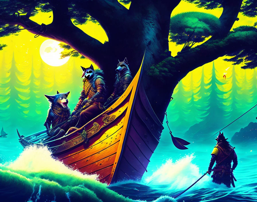 Anthropomorphic raccoons in pirate attire on a wooden boat in a mystical forest