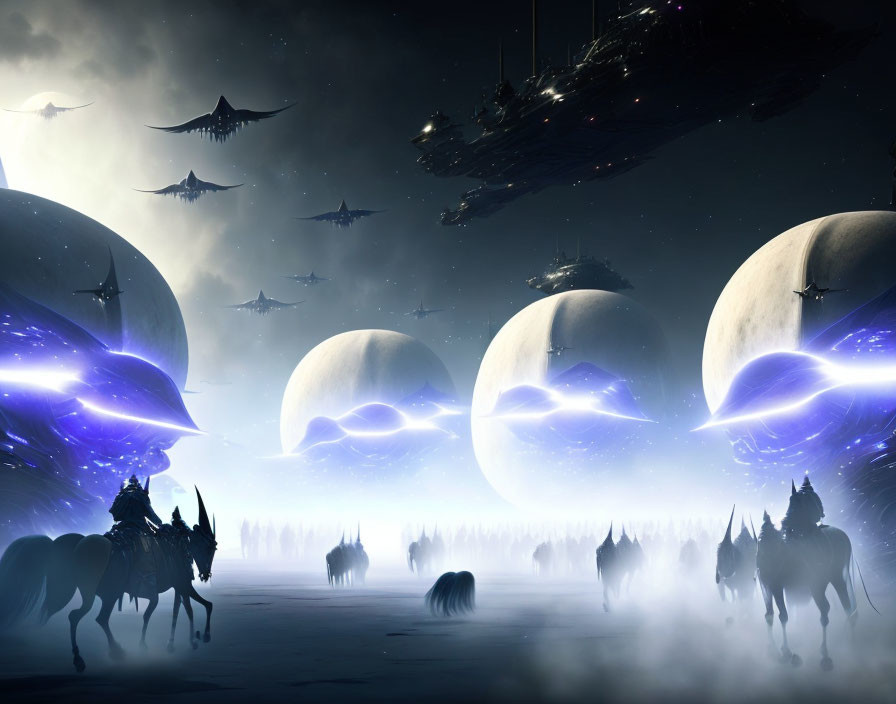 Silhouetted Figures on Horseback with Planets and Flying Ships