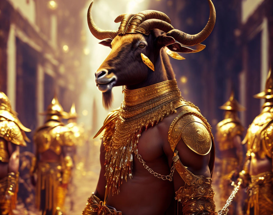 Anthropomorphic bull in golden armor on misty street