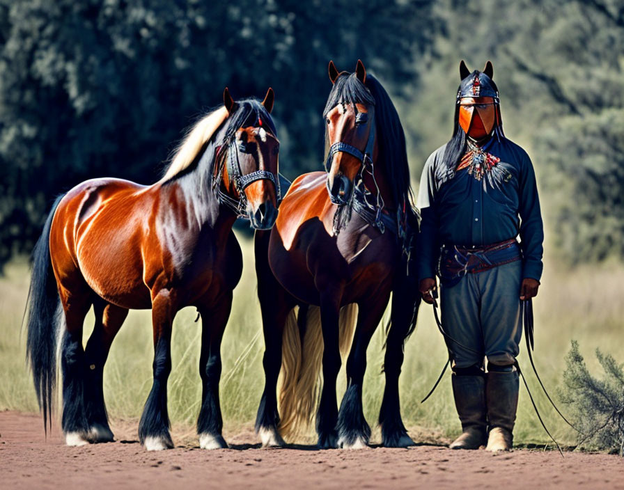 Traditional Mongolian Attire Person with Horses in Grassy Field