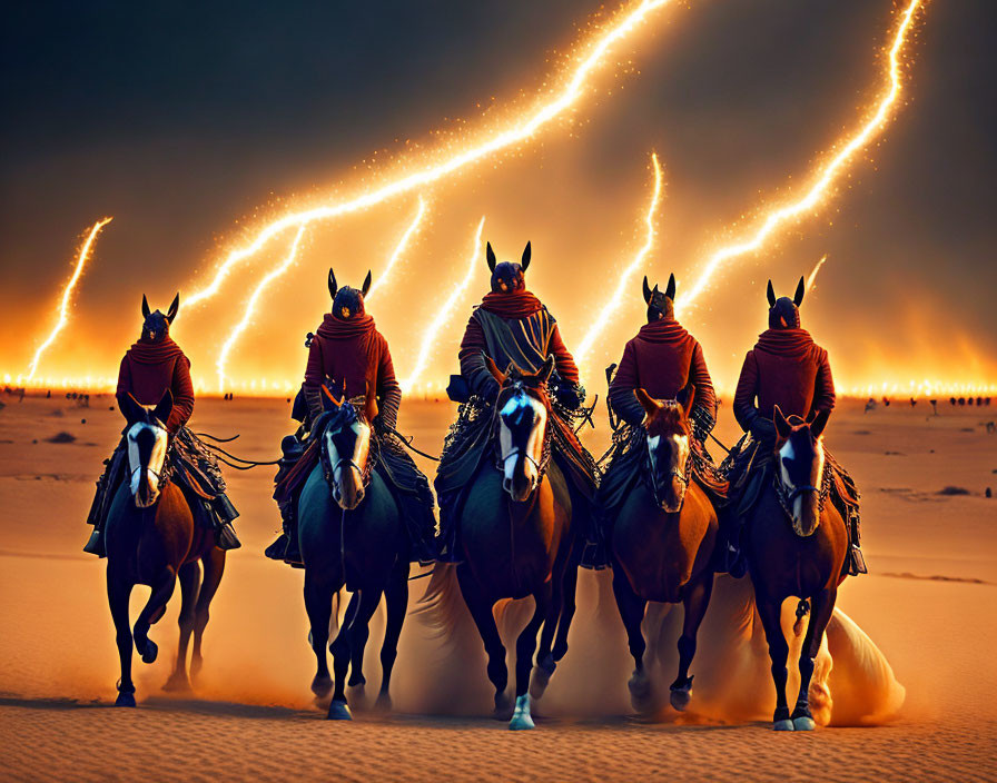 Five horse riders in traditional attire gallop across a fiery desert landscape