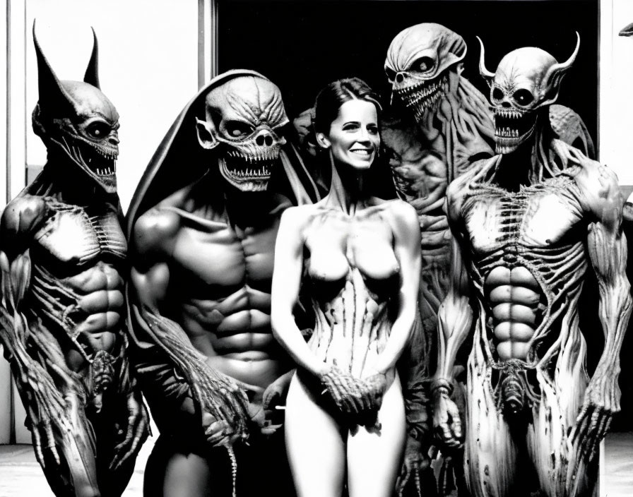 Monochrome image: Smiling woman surrounded by skeletal figures