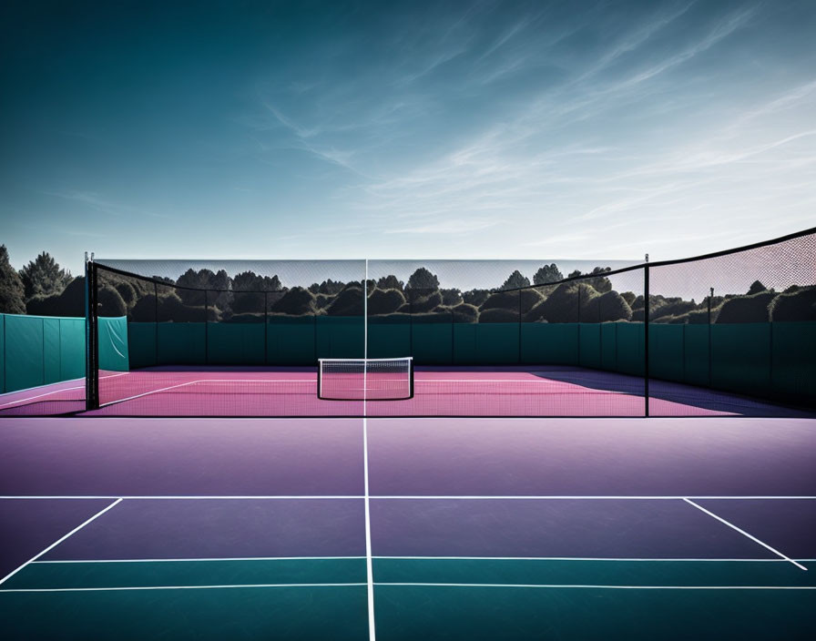 Purple outdoor tennis court with white lines and black net in lush green setting