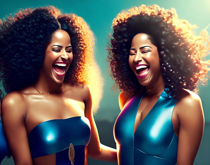 Two women with voluminous curly hair in stylish strapless tops against teal background