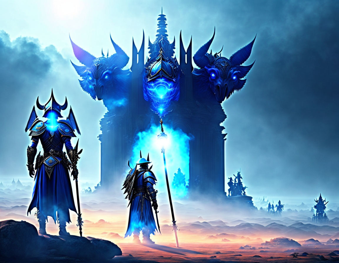 Armored characters in mystical landscape with glowing blue accents