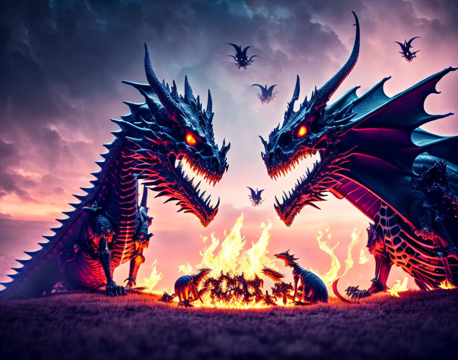 Two large dragons in epic battle under a purple sky with flames and smaller dragons.