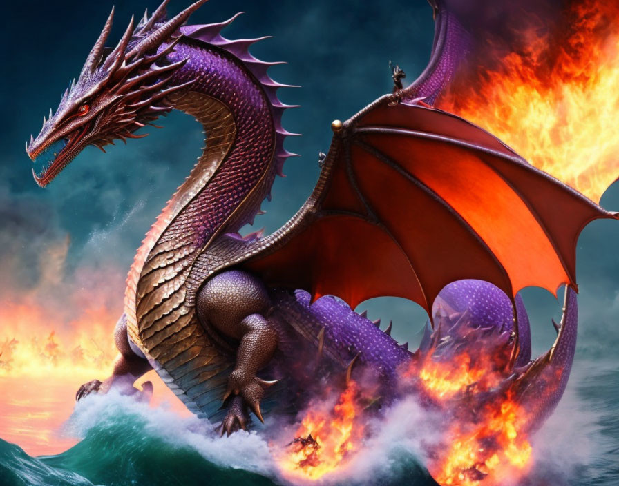 Purple dragon emerges from ocean with fiery wings in stormy skies