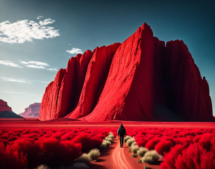 Person walking among vivid red foliage and crimson rock formations under clear blue sky