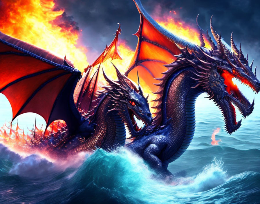 Mythical multi-headed dragon emerges from ocean with fiery wings