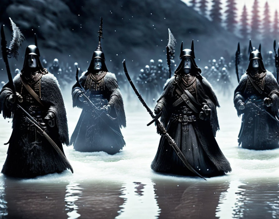 Armored figures with helmets and capes in misty forest with weapons