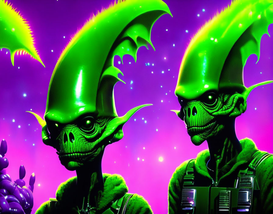 Stylized alien figures with bat-like wings on helmets in neon purple setting