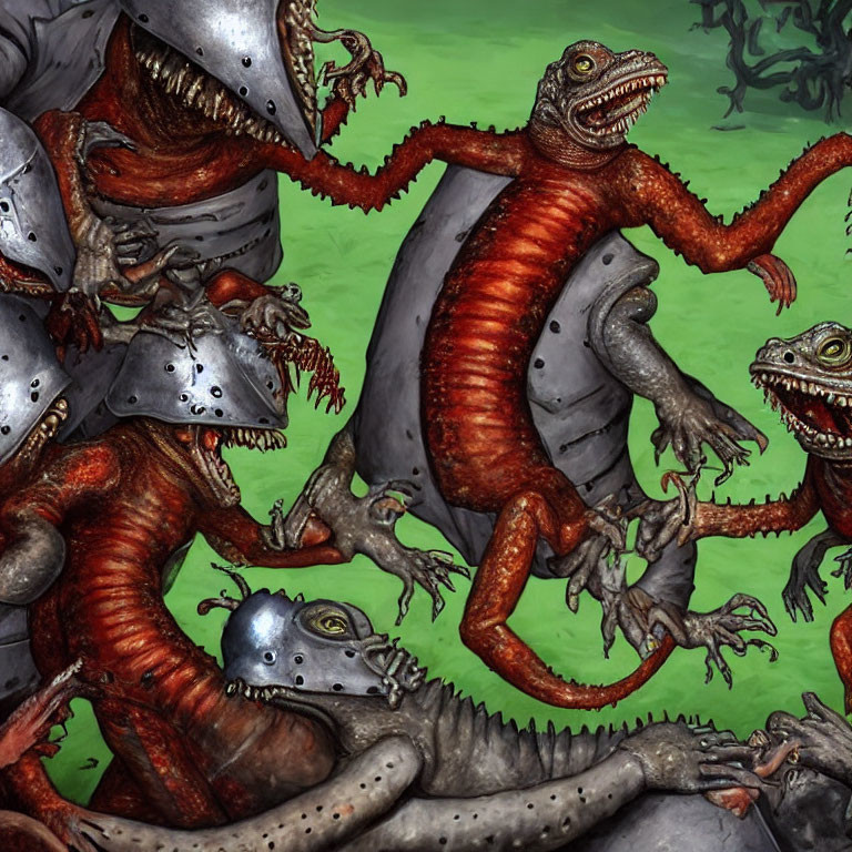 Anthropomorphic dinosaur knights in medieval armor battle scene