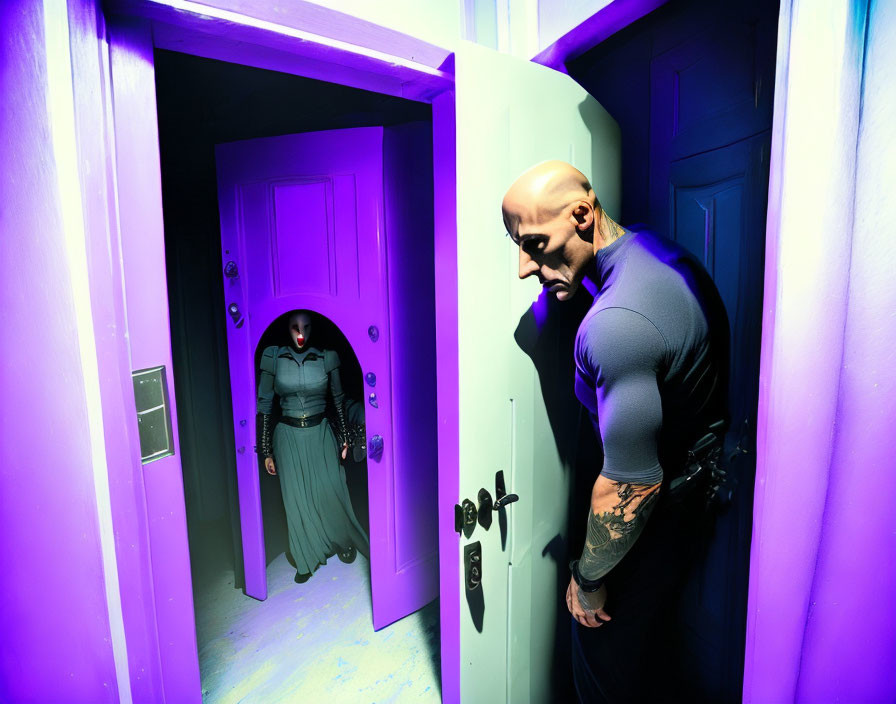 Bald man with arm tattoo in purple light faces woman in shadowy doorway