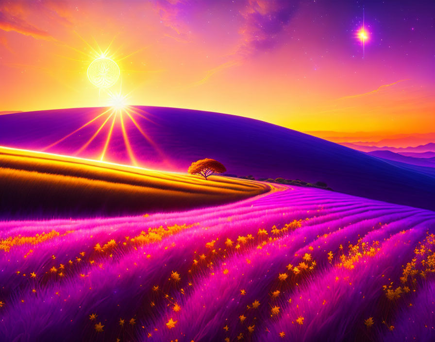 Surreal landscape with purple fields, lone tree, radiant sun & starry sky