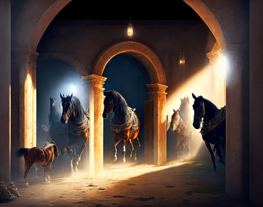 Ornate tack horses in dim, arched stable with dramatic lighting