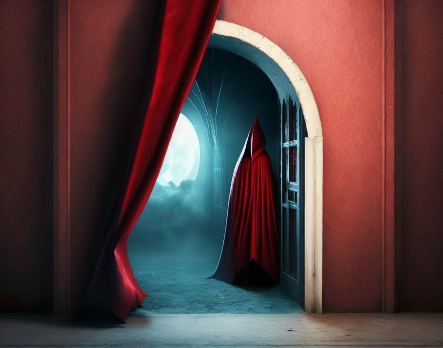 Cloaked figure at arched gateway to mystical realm