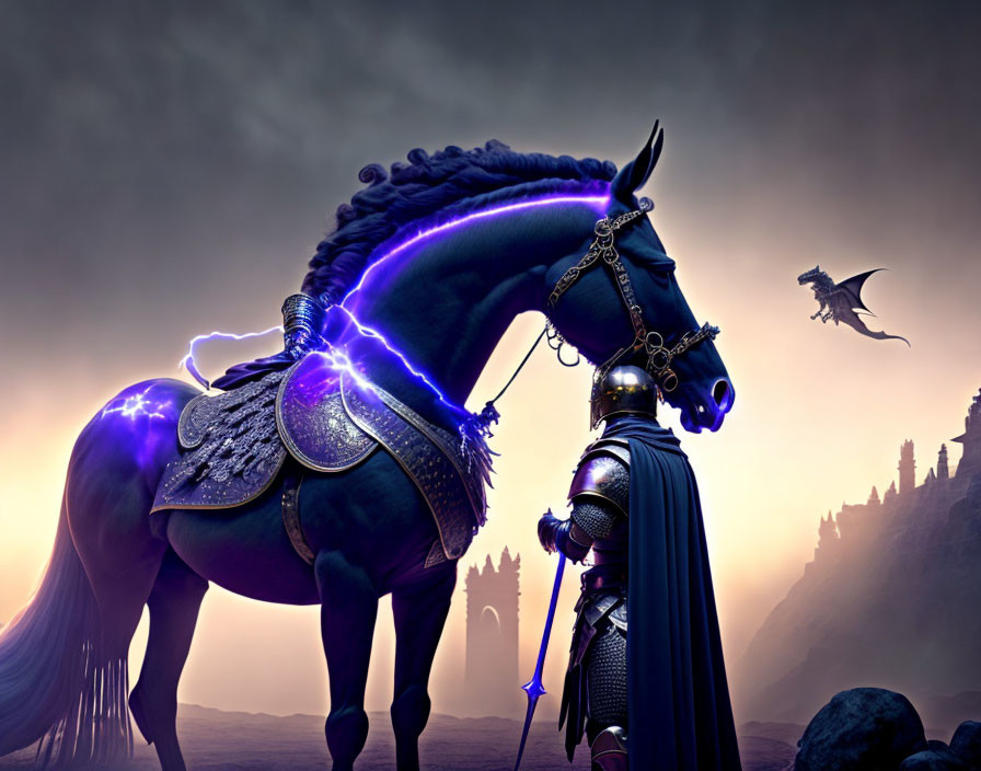 Black horse in purple armor at castle with flying dragon