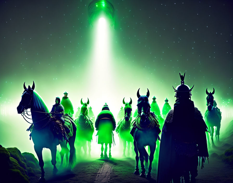 Silhouetted armored riders on horseback under a night sky with green beam.