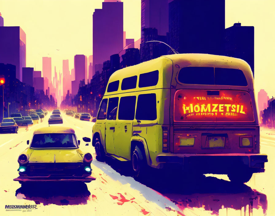 Vintage yellow taxi and green bus on sunlit city street with skyscrapers - colorful illustration