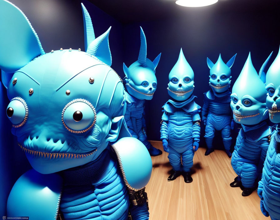 Group of figures in blue costumes with cartoon-like features in dark room