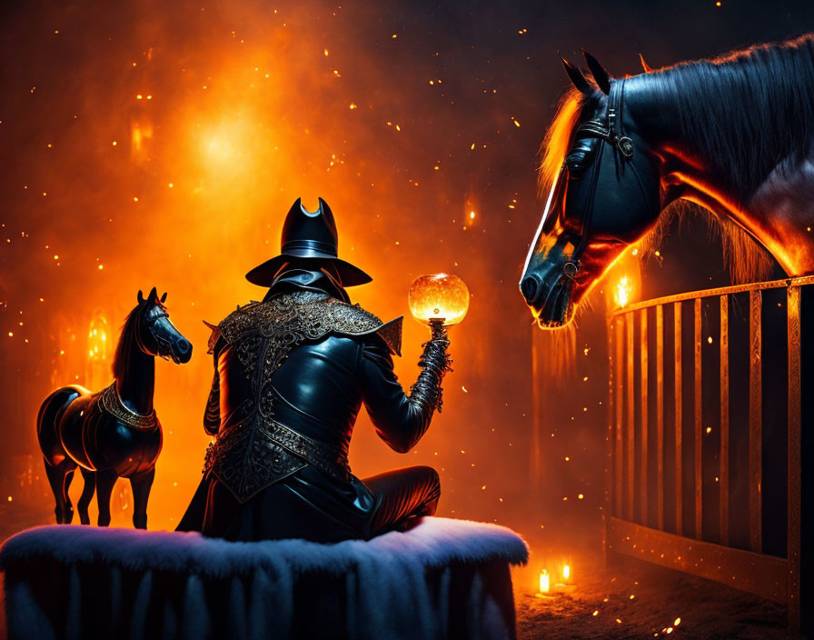 Knight in armor with glowing orb beside horses on mystical orange backdrop