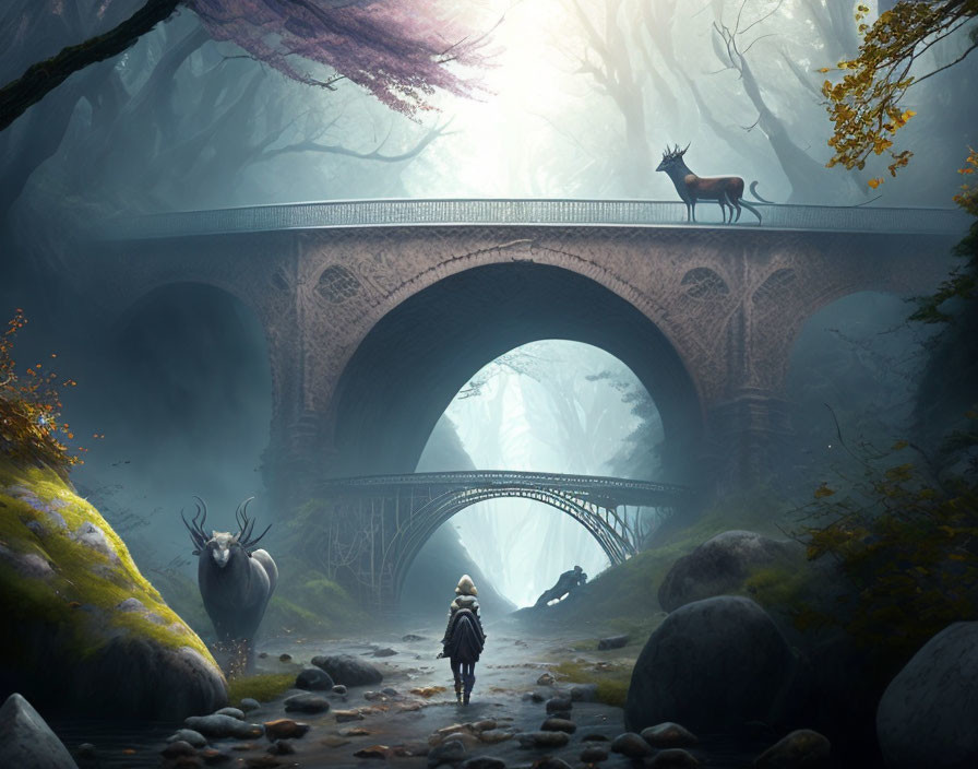 Mystical forest scene with layered bridges, walking figure, animals, fog, ethereal lighting