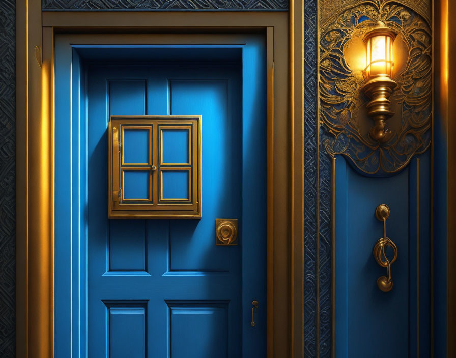 Deep Blue Ornate Door with Gold-Trimmed Window and Wall Lantern