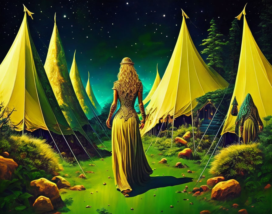 Woman in flowing dress under starry night sky with illuminated tents