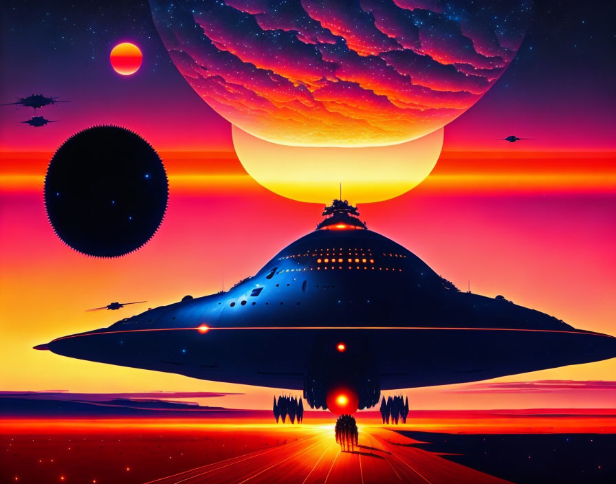 Vibrant sci-fi landscape with large UFO and celestial bodies at sunset