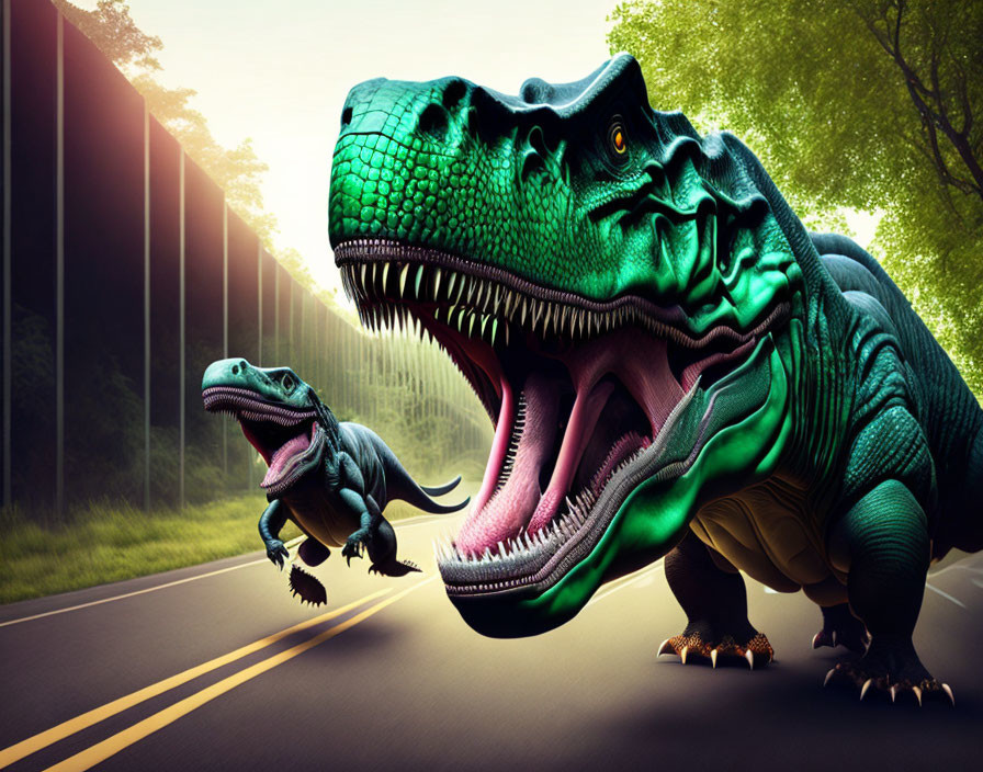 Vivid CGI-rendered Tyrannosaurus rex dinosaurs in forest road setting