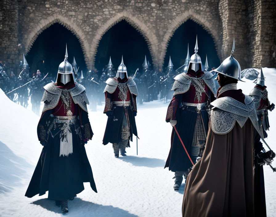 Medieval knights in ornate armor in snowy courtyard scene