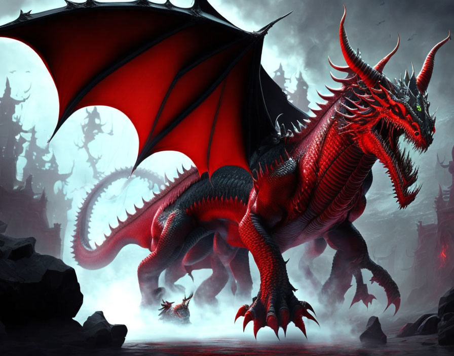 Red dragon with black wings and horns in gloomy landscape.