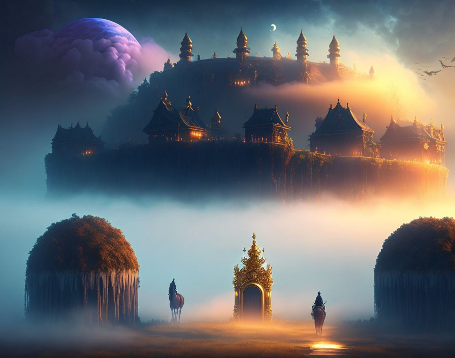 Mystical floating city with pagoda-style buildings above tree-covered islets at dusk.