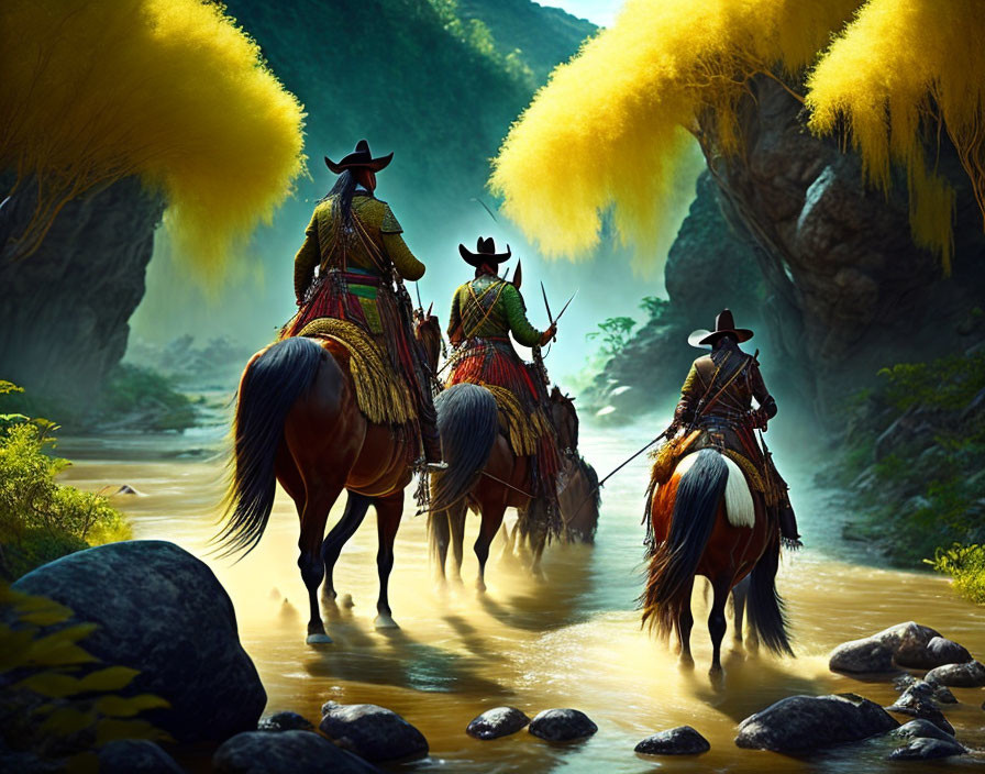 Traditional Attire Horse Riders Crossing Shallow River in Greenery