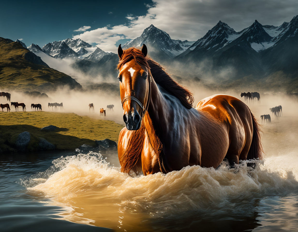 Majestic horse with flowing mane gallops through water amidst misty mountains and herd.