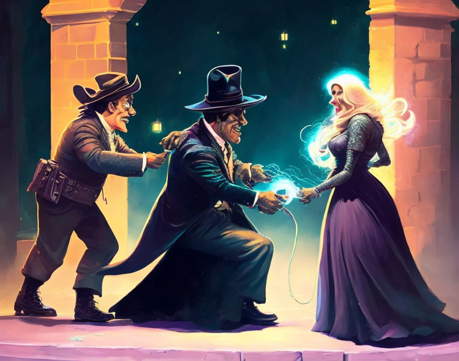 Victorian steampunk characters with magical woman under streetlamp